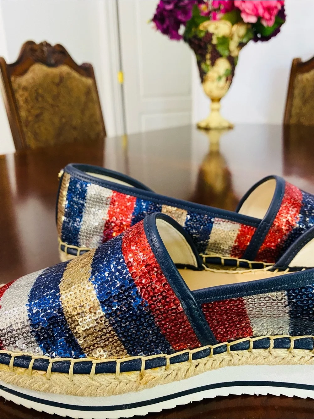 Tommy Hilfiger Red Blue Gold Cream Sequin Espadrilles